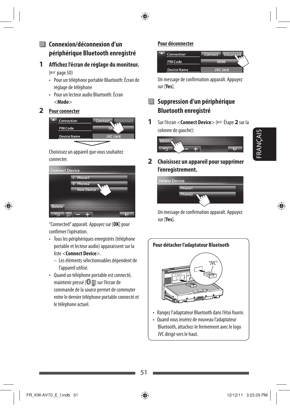 Suppression d’un périphérique bluetooth enregistré | JVC KW-AV70BT User Manual | Page 195 / 293