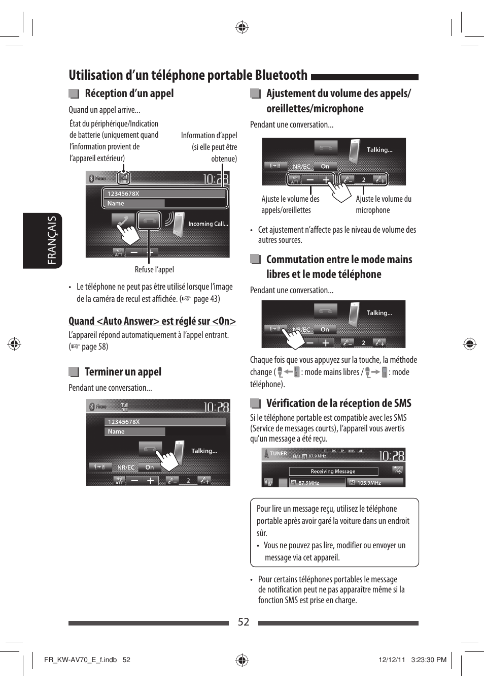 Utilisation d’un téléphone portable bluetooth, Réception d’un appel, Terminer un appel | Vérification de la réception de sms | JVC KW-AV70BT User Manual | Page 196 / 293