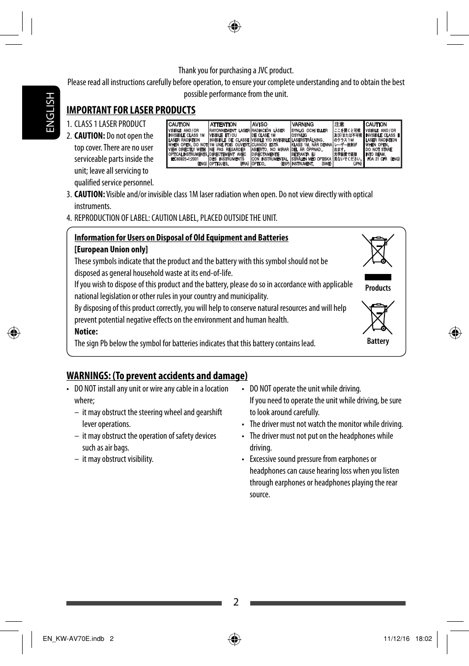 2english, Important for laser products, Warnings: (to prevent accidents and damage) | JVC KW-AV70BT User Manual | Page 2 / 293