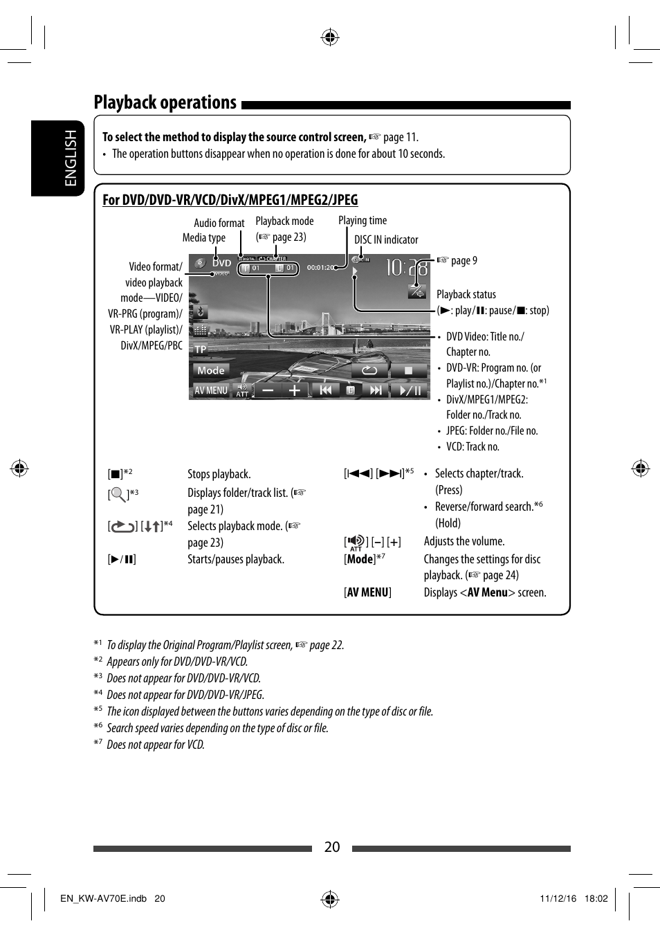 Playback operations, 20 english, For dvd/dvd-vr/vcd/divx/mpeg1/mpeg2/jpeg | JVC KW-AV70BT User Manual | Page 20 / 293