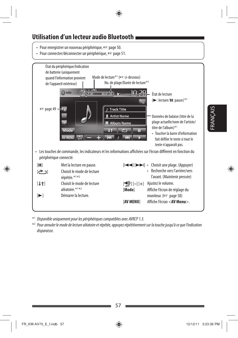 Utilisation d’un lecteur audio bluetooth, 57 français | JVC KW-AV70BT User Manual | Page 201 / 293