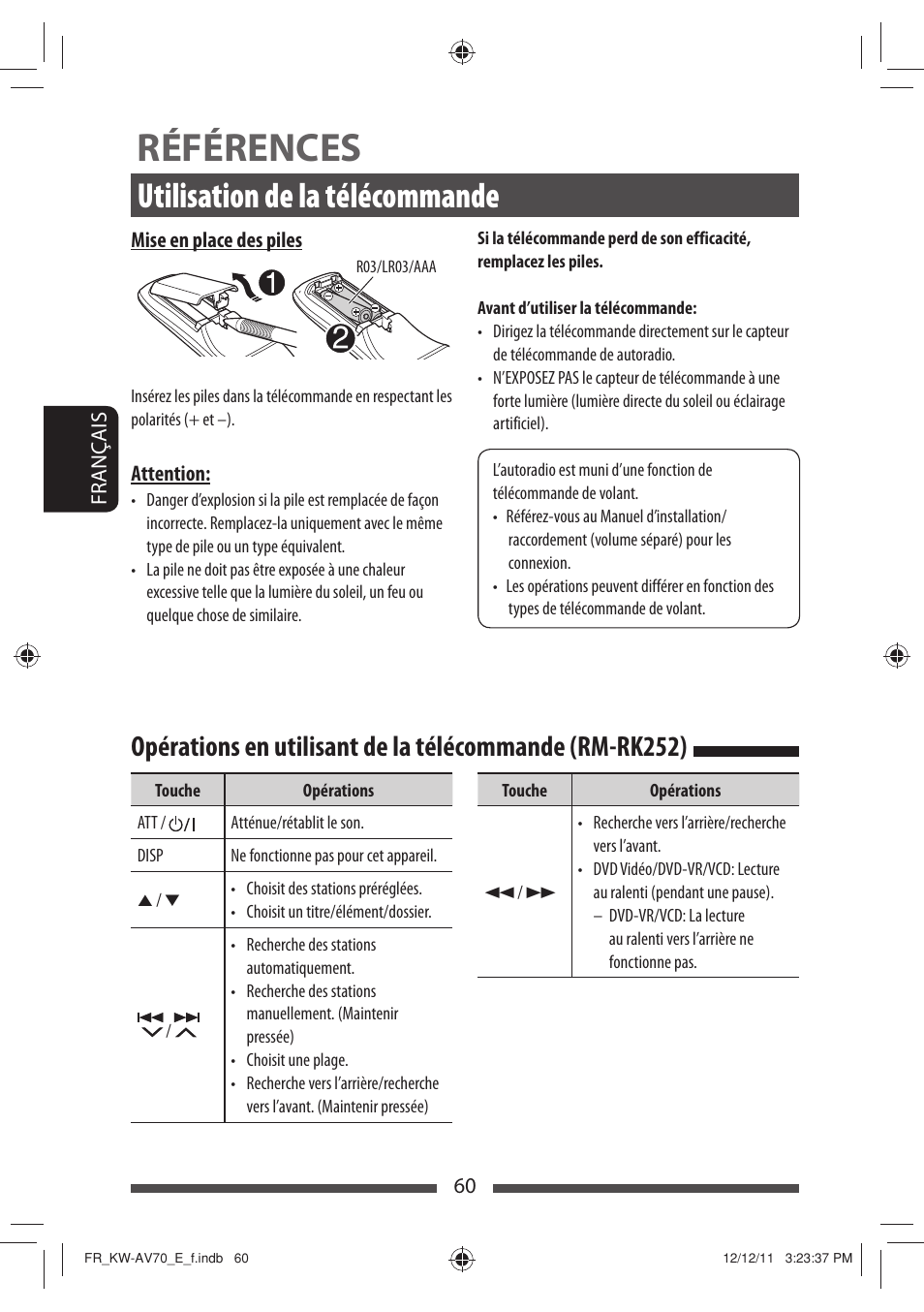 Références, Utilisation de la télécommande | JVC KW-AV70BT User Manual | Page 204 / 293