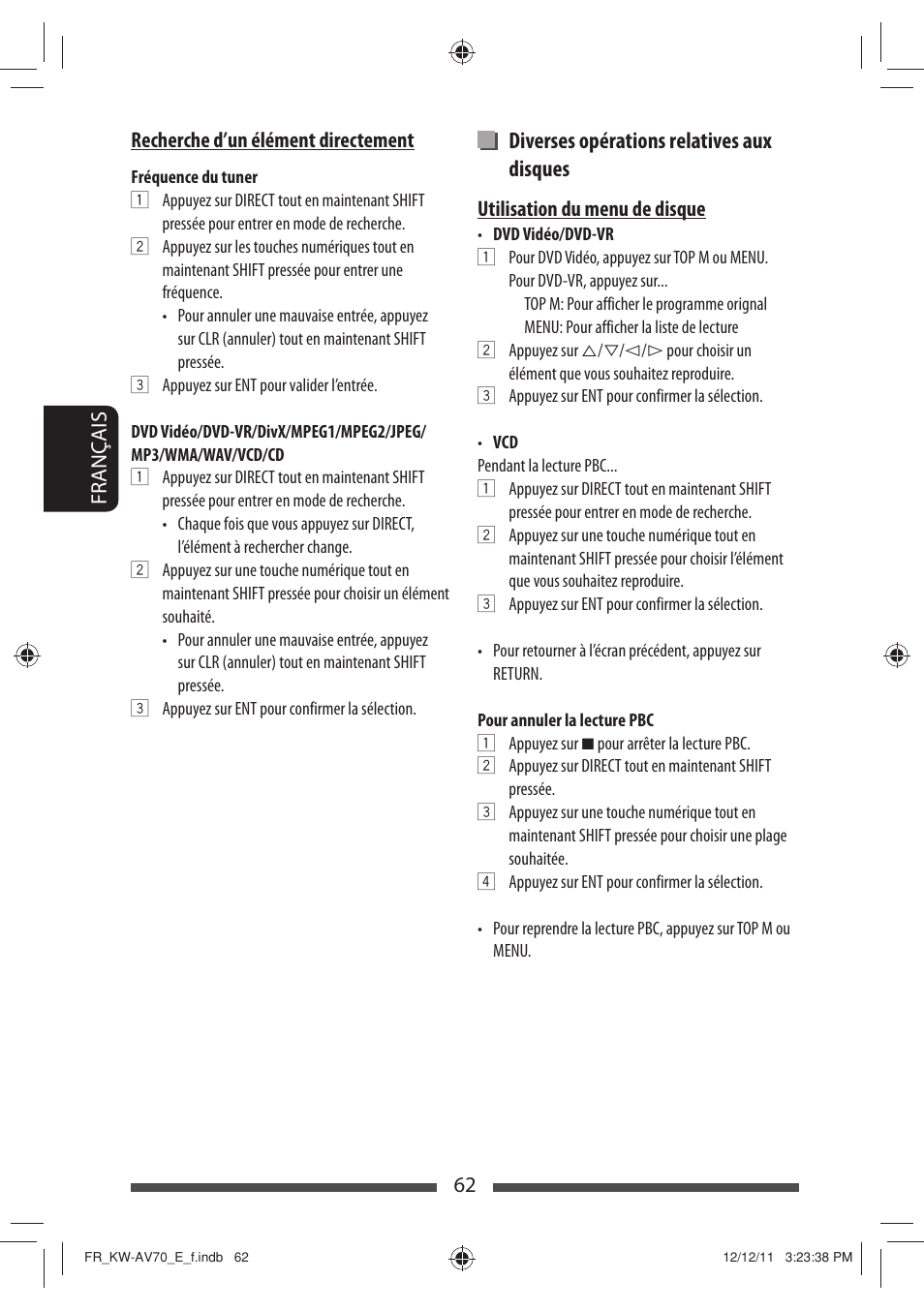 Diverses opérations relatives aux disques | JVC KW-AV70BT User Manual | Page 206 / 293