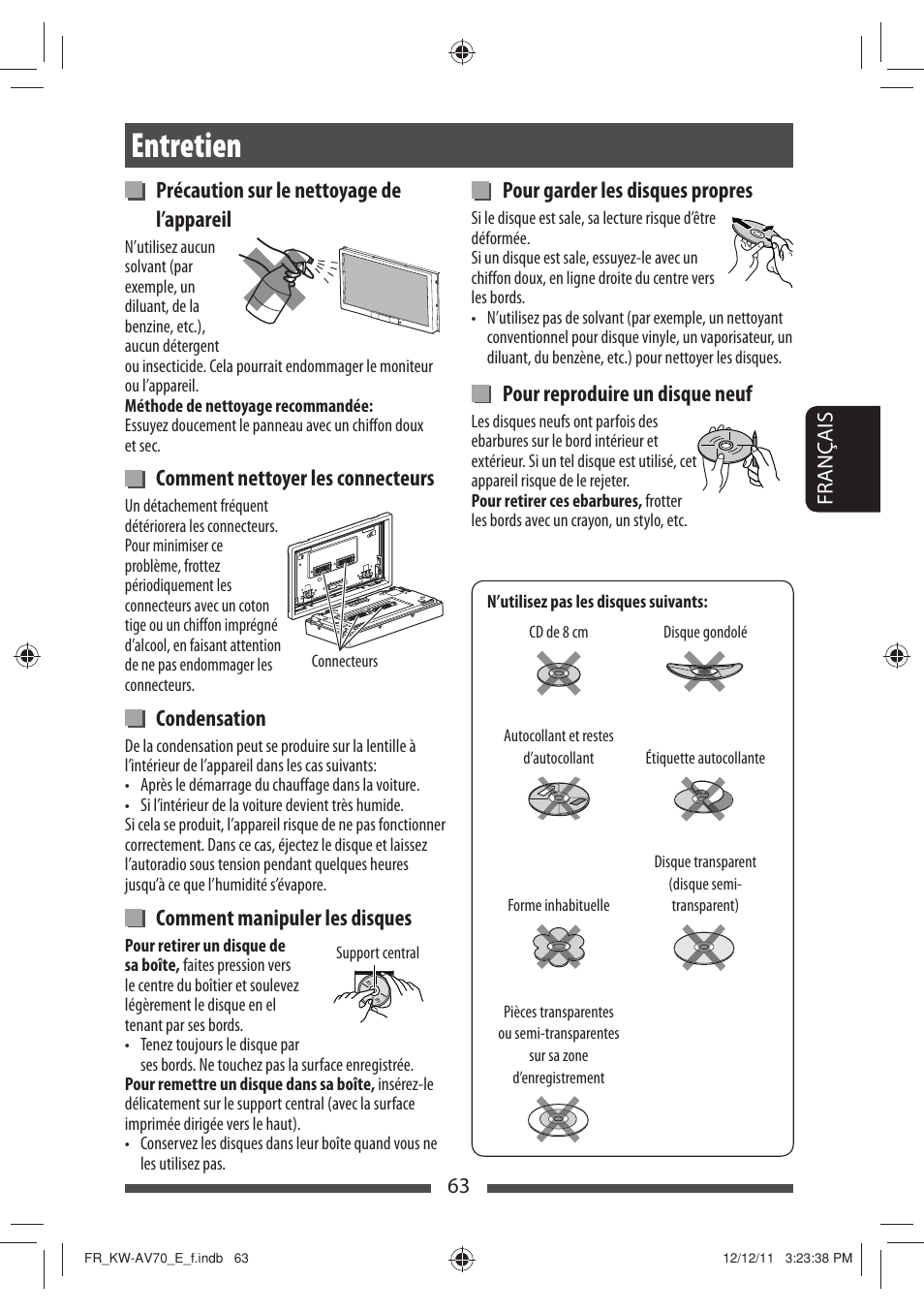 Entretien, Précaution sur le nettoyage de l’appareil, Comment nettoyer les connecteurs | Condensation, Comment manipuler les disques, Pour garder les disques propres, Pour reproduire un disque neuf | JVC KW-AV70BT User Manual | Page 207 / 293