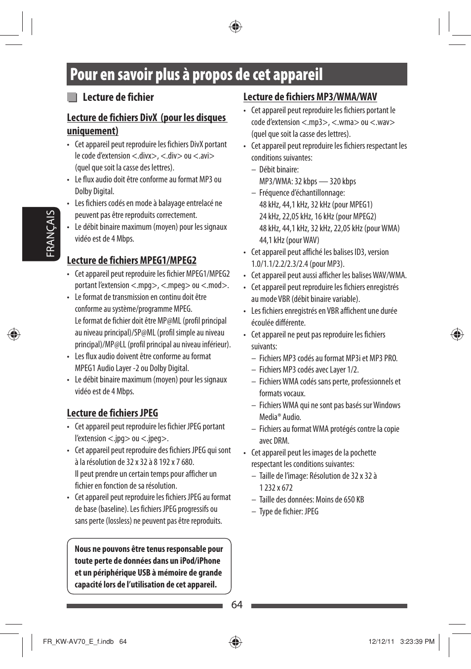 Pour en savoir plus à propos de cet appareil, Lecture de fichier | JVC KW-AV70BT User Manual | Page 208 / 293