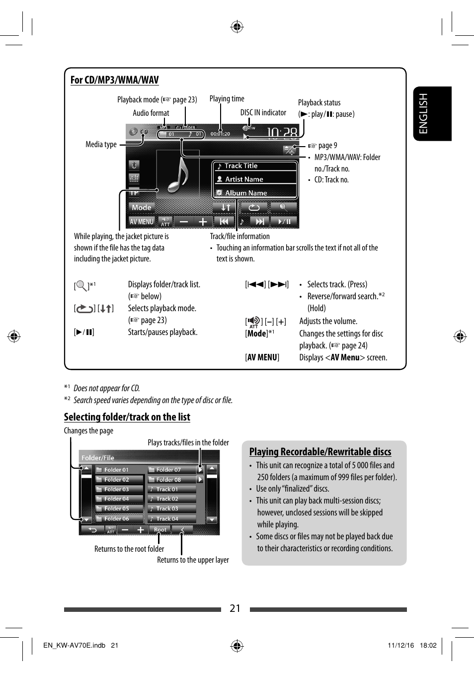 21 english playing recordable/rewritable discs, Selecting folder/track on the list, For cd/mp3/wma/wav | JVC KW-AV70BT User Manual | Page 21 / 293