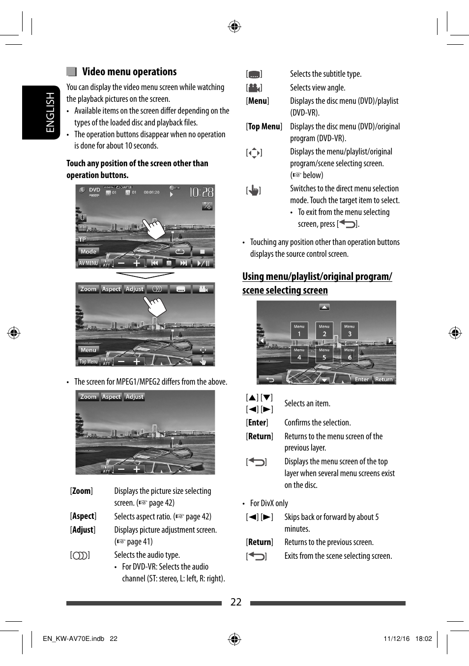 Video menu operations | JVC KW-AV70BT User Manual | Page 22 / 293