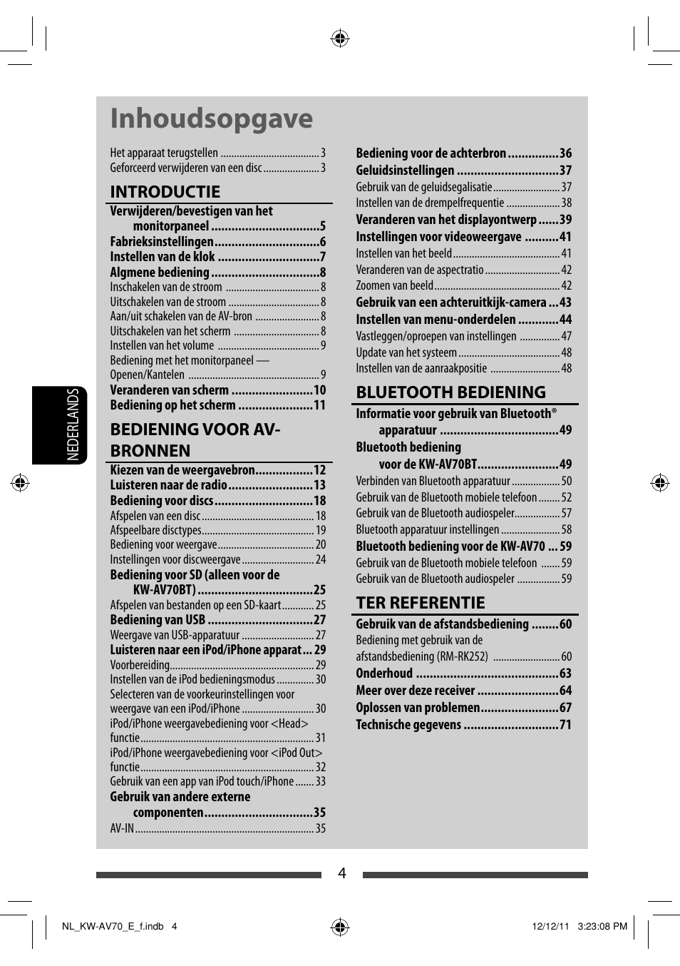 Inhoudsopgave, Introductie, Bediening voor av- bronnen | Bluetooth bediening, Ter referentie | JVC KW-AV70BT User Manual | Page 220 / 293