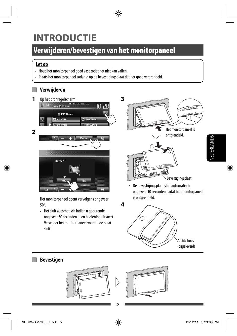 Introductie, Verwijderen/bevestigen van het monitorpaneel | JVC KW-AV70BT User Manual | Page 221 / 293