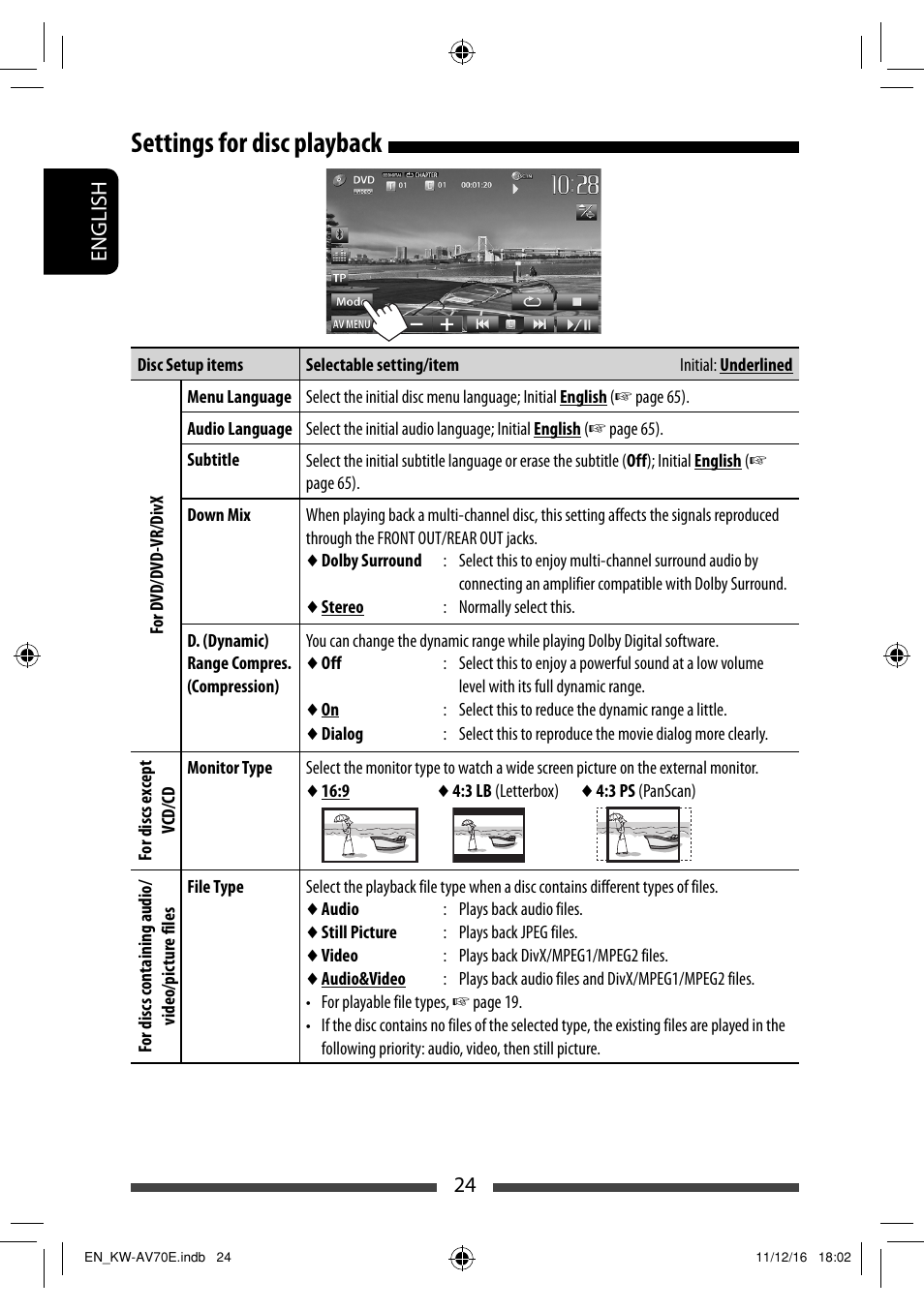 Settings for disc playback | JVC KW-AV70BT User Manual | Page 24 / 293