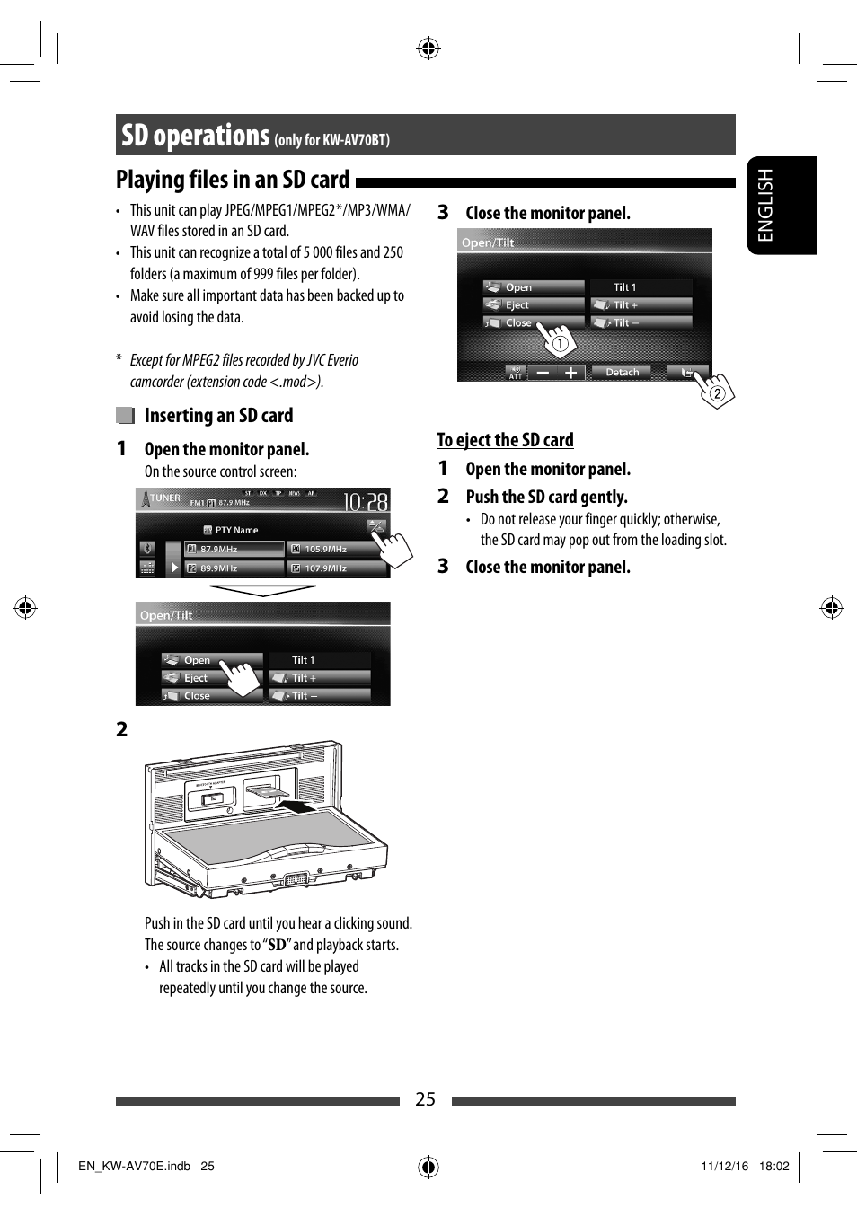 Sd operations (only for kw-av70bt), Playing files in an sd card, Sd operations | JVC KW-AV70BT User Manual | Page 25 / 293