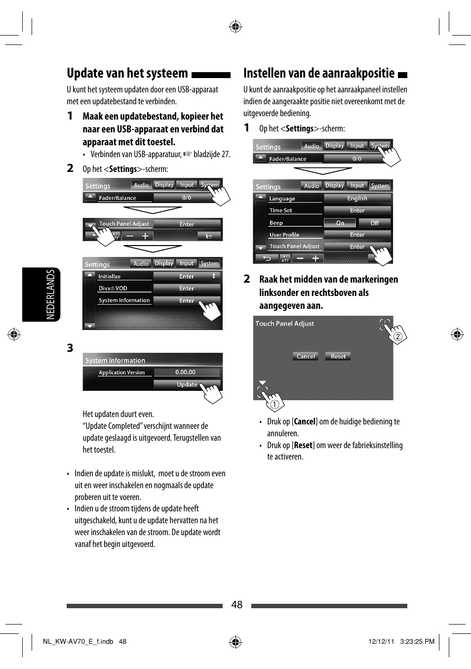 Instellen van de aanraakpositie, Update van het systeem | JVC KW-AV70BT User Manual | Page 264 / 293