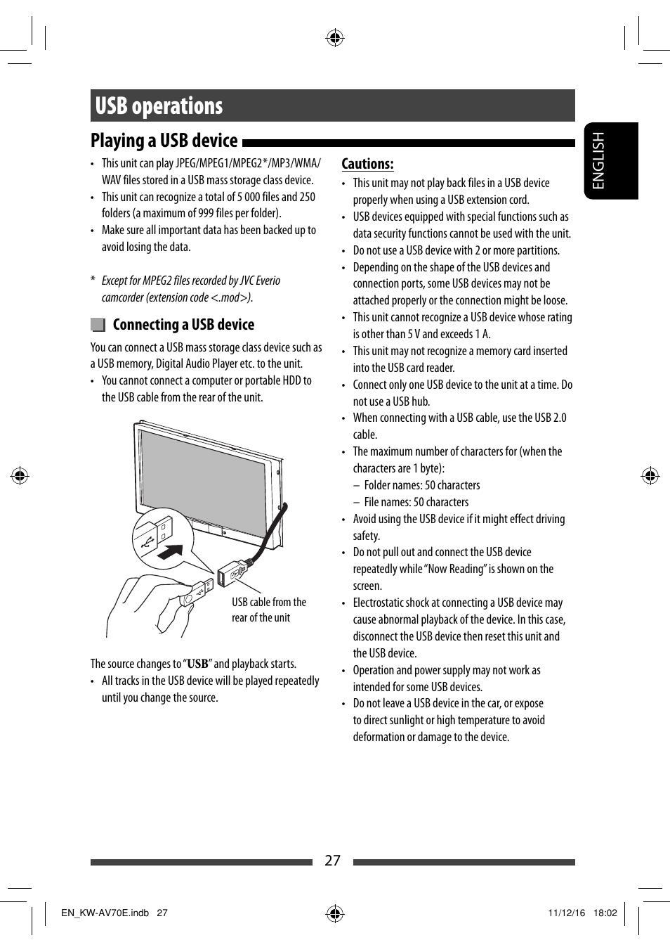 Usb operations, Playing a usb device, Connecting a usb device | JVC KW-AV70BT User Manual | Page 27 / 293