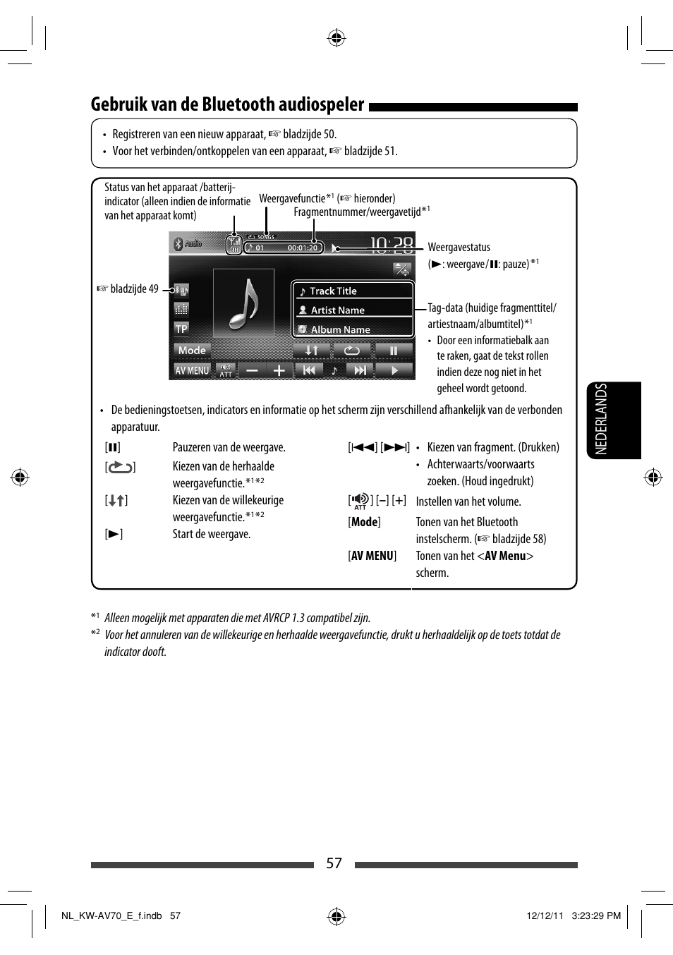 Gebruik van de bluetooth audiospeler, 57 nederlands | JVC KW-AV70BT User Manual | Page 273 / 293