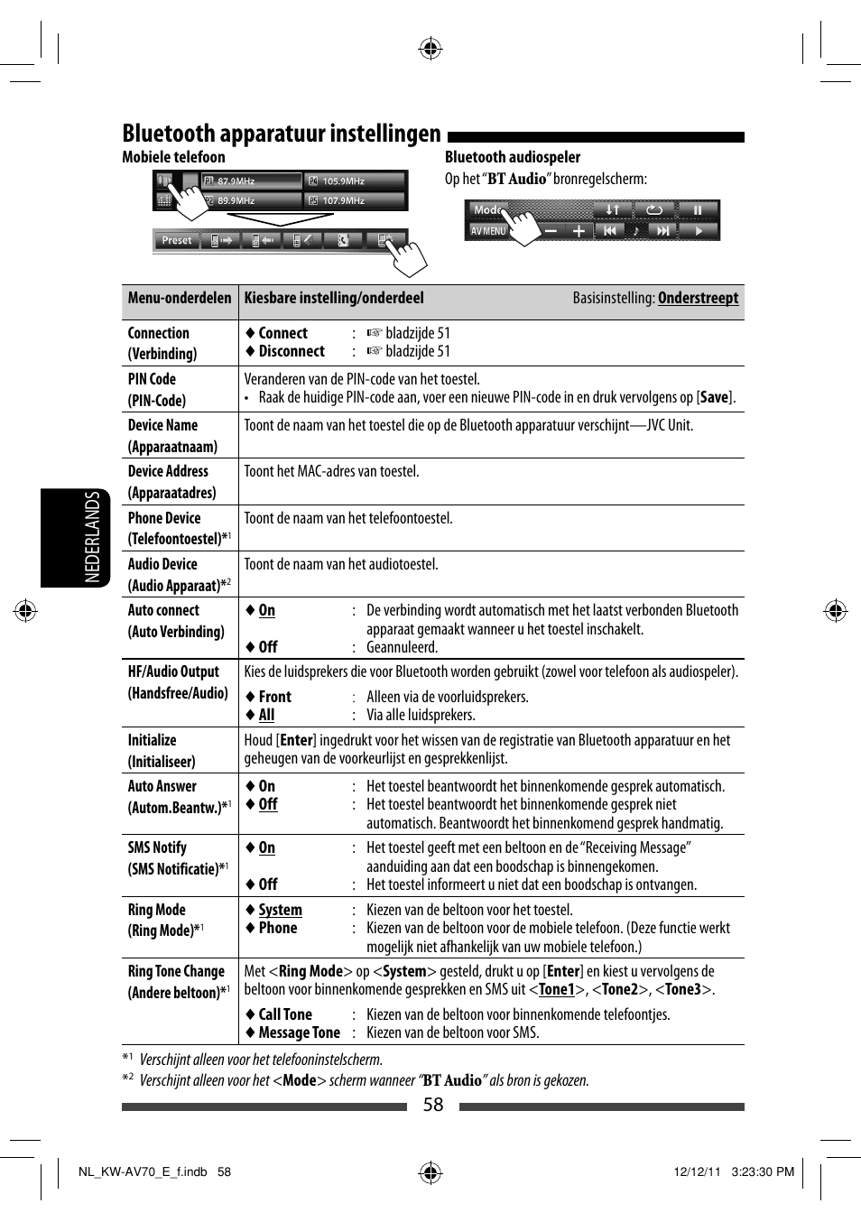 Bluetooth apparatuur instellingen, 58 nederlands | JVC KW-AV70BT User Manual | Page 274 / 293