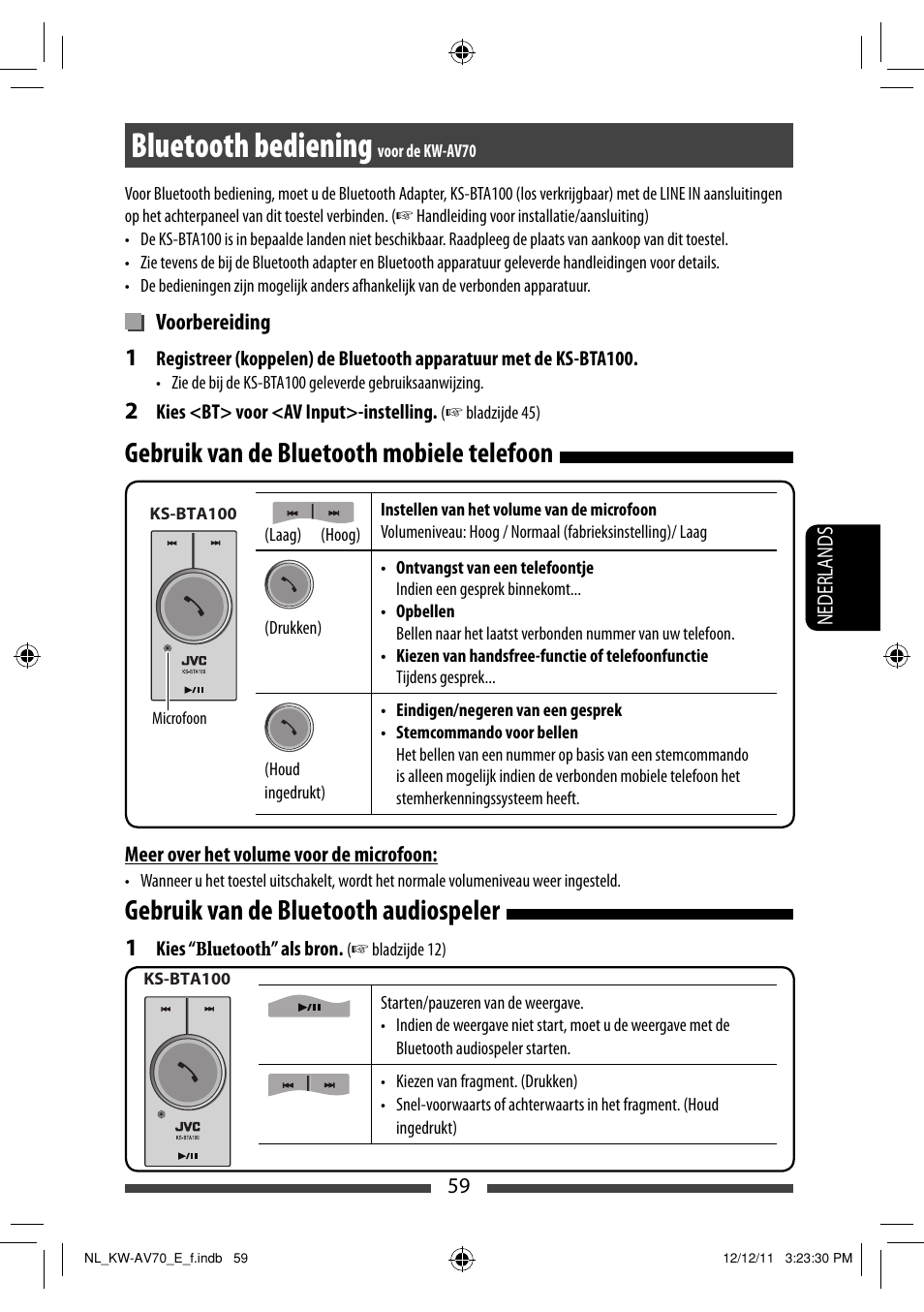 Bluetooth bediening, Gebruik van de bluetooth mobiele telefoon, Gebruik van de bluetooth audiospeler | JVC KW-AV70BT User Manual | Page 275 / 293