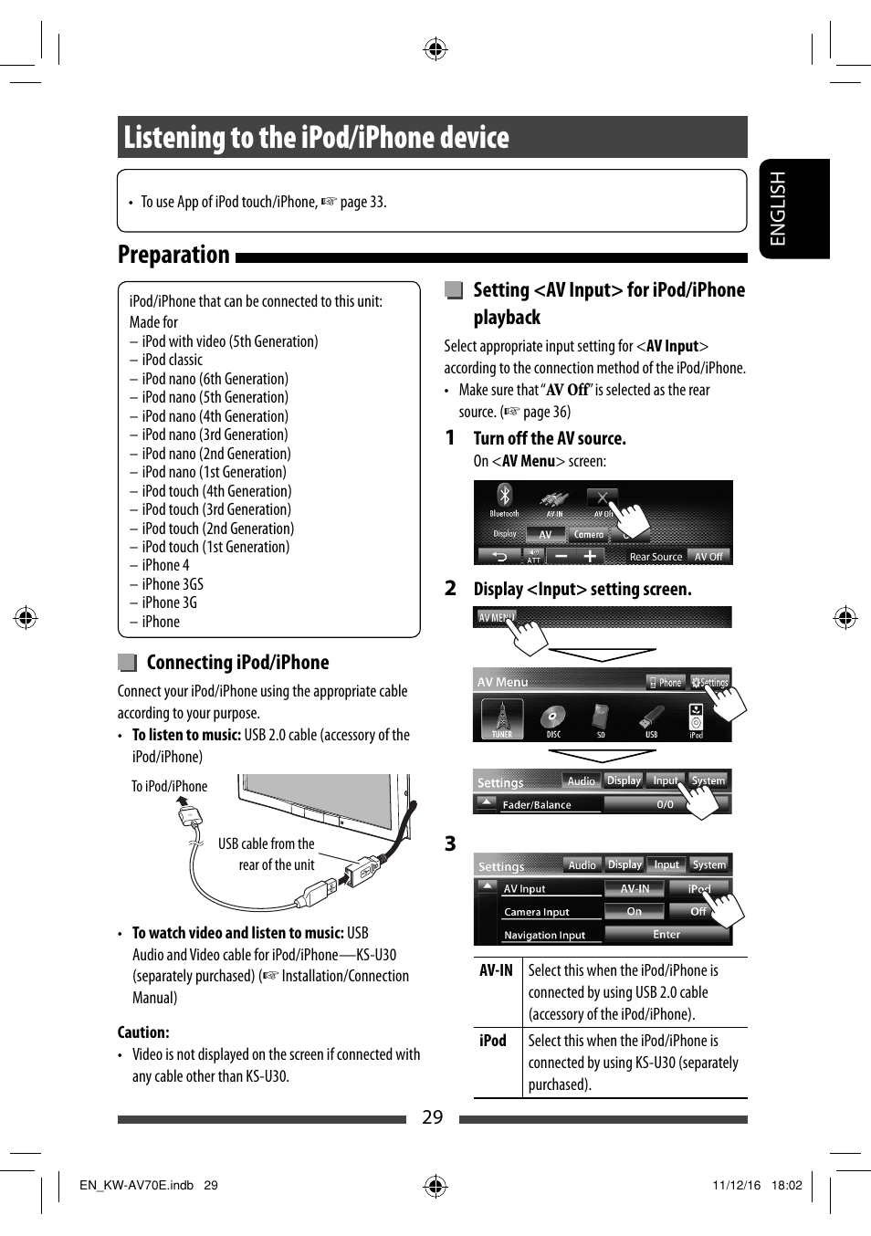 Listening to the ipod/iphone device, Preparation | JVC KW-AV70BT User Manual | Page 29 / 293