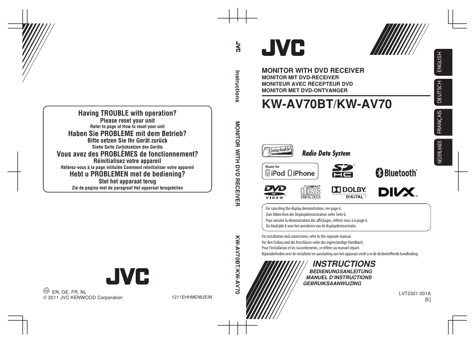 Kw-av70bt/kw-av70, Instructions, Having trouble with operation | Haben sie probleme mit dem betrieb, Vous avez des problèmes de fonctionnement, Hebt u problemen met de bediening, Monitor with dvd receiver | JVC KW-AV70BT User Manual | Page 292 / 293