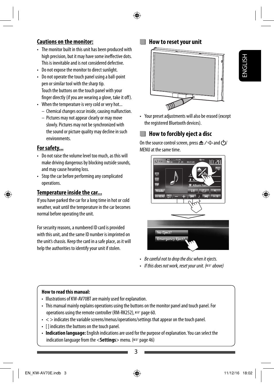 How to reset your unit, How to forcibly eject a disc | JVC KW-AV70BT User Manual | Page 3 / 293