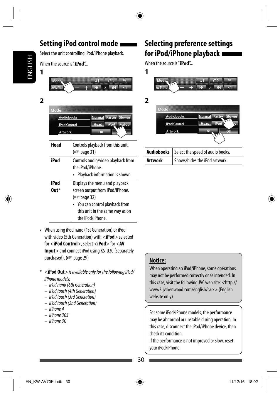 Setting ipod control mode | JVC KW-AV70BT User Manual | Page 30 / 293