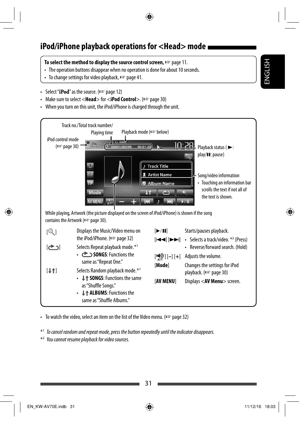 Ipod/iphone playback operations for <head> mode, 31 english | JVC KW-AV70BT User Manual | Page 31 / 293