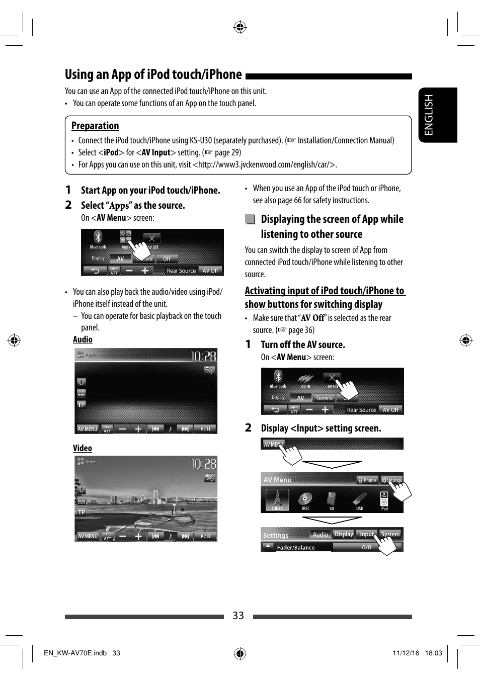 Using an app of ipod touch/iphone | JVC KW-AV70BT User Manual | Page 33 / 293