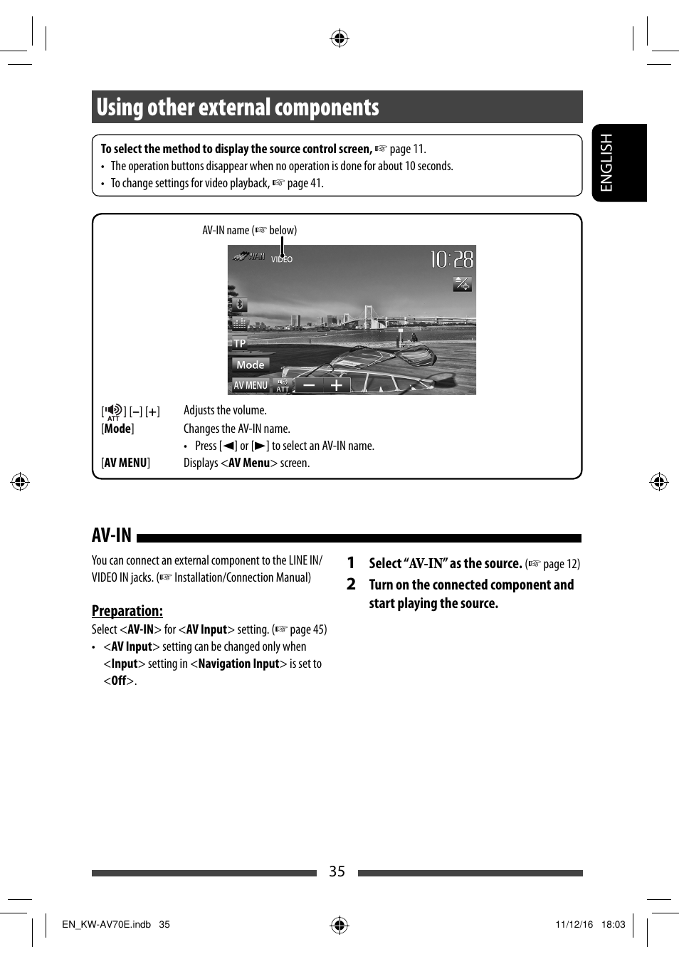 Using other external components, Av-in | JVC KW-AV70BT User Manual | Page 35 / 293