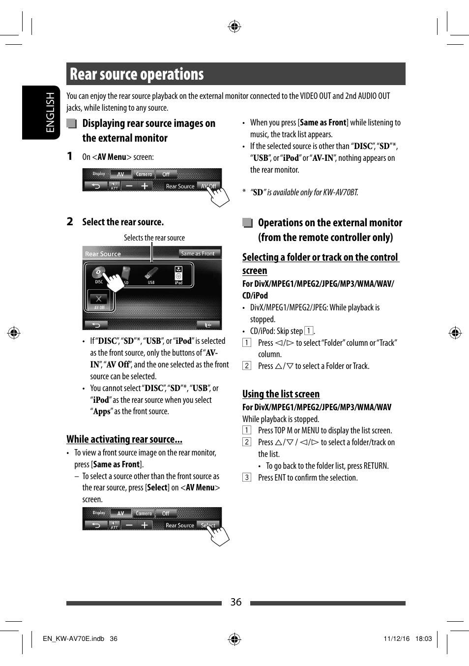 Rear source operations | JVC KW-AV70BT User Manual | Page 36 / 293