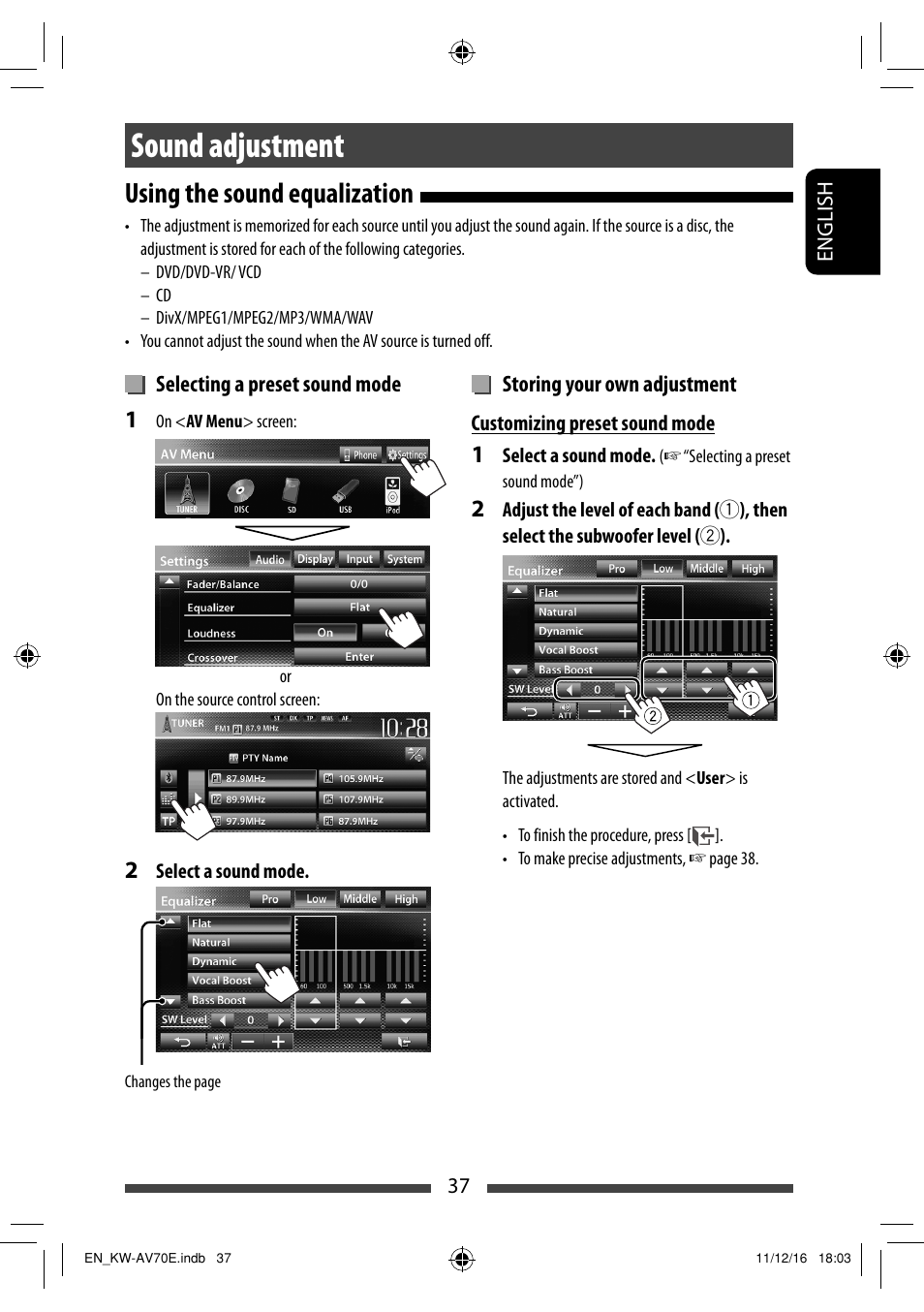 Sound adjustment, Using the sound equalization | JVC KW-AV70BT User Manual | Page 37 / 293