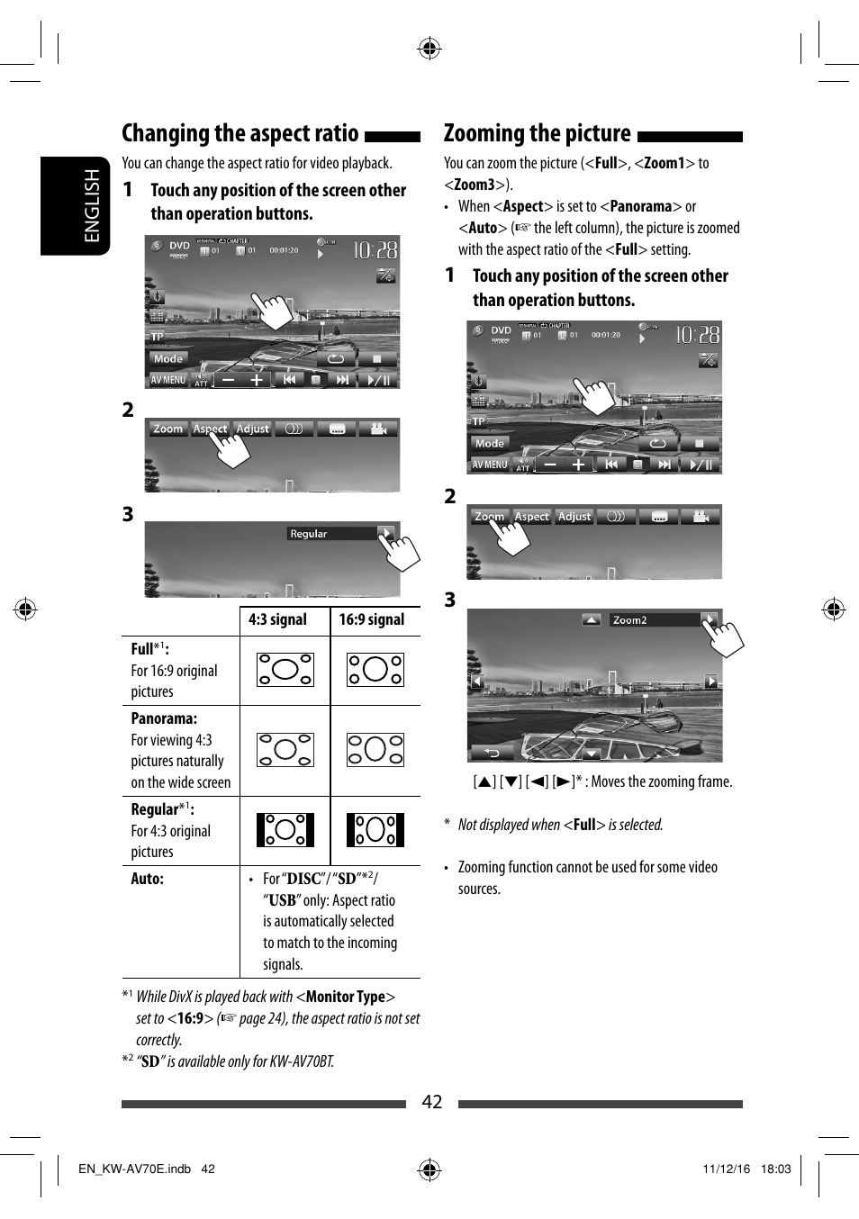 Changing the aspect ratio, Zooming the picture | JVC KW-AV70BT User Manual | Page 42 / 293