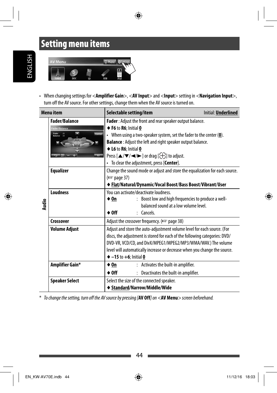 Setting menu items | JVC KW-AV70BT User Manual | Page 44 / 293