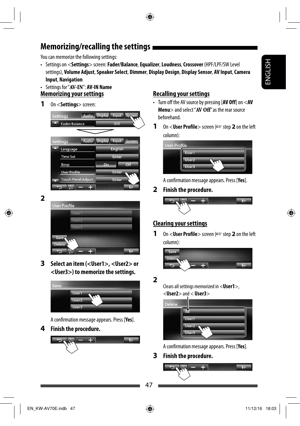 Memorizing/recalling the settings | JVC KW-AV70BT User Manual | Page 47 / 293