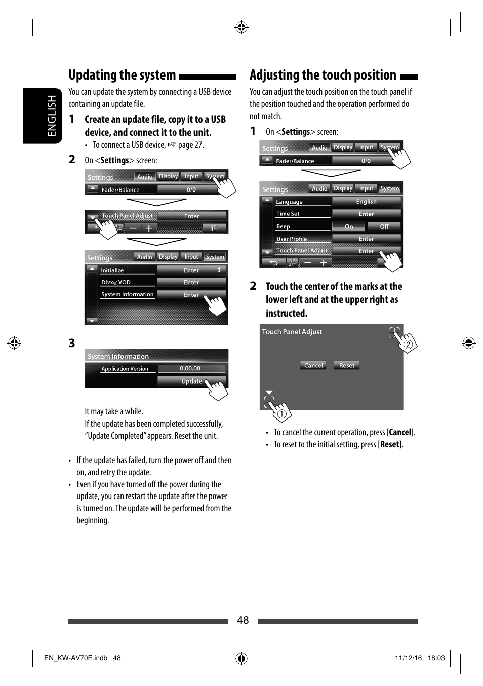 Updating the system, Adjusting the touch position | JVC KW-AV70BT User Manual | Page 48 / 293