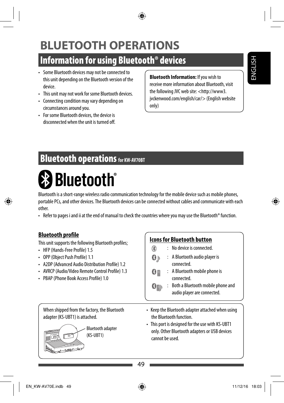 Bluetooth operations, Information for using bluetooth® devices, Bluetooth operations for kw-av70bt | JVC KW-AV70BT User Manual | Page 49 / 293