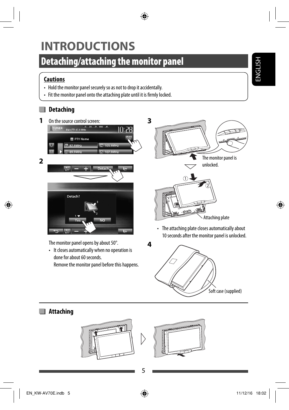 Introductions, Detaching/attaching the monitor panel | JVC KW-AV70BT User Manual | Page 5 / 293