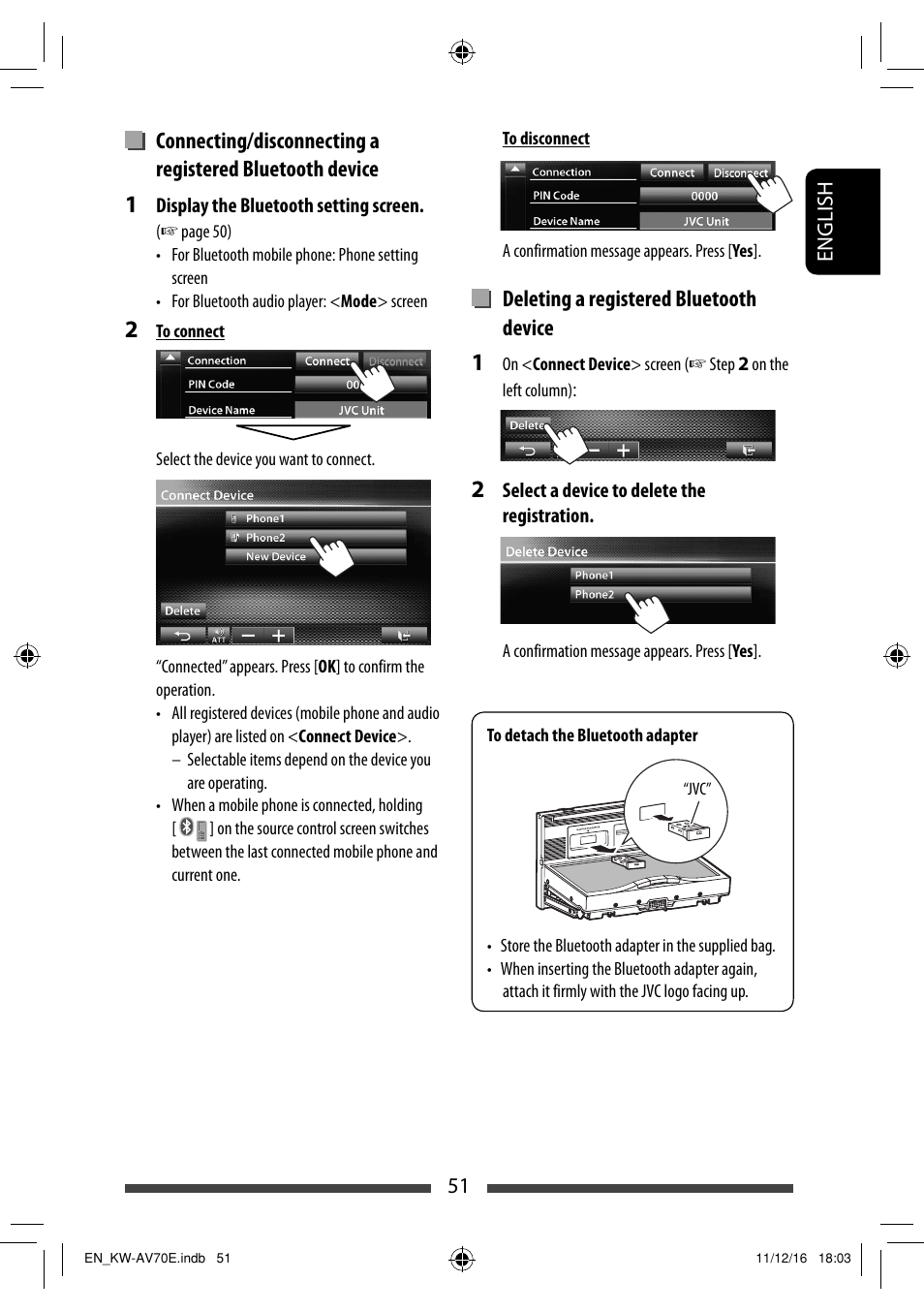 Deleting a registered bluetooth device | JVC KW-AV70BT User Manual | Page 51 / 293