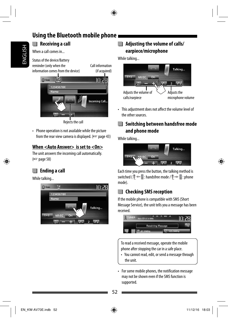 Using the bluetooth mobile phone, Receiving a call, Ending a call | Adjusting the volume of calls/ earpiece/microphone, Switching between handsfree mode and phone mode, Checking sms reception | JVC KW-AV70BT User Manual | Page 52 / 293