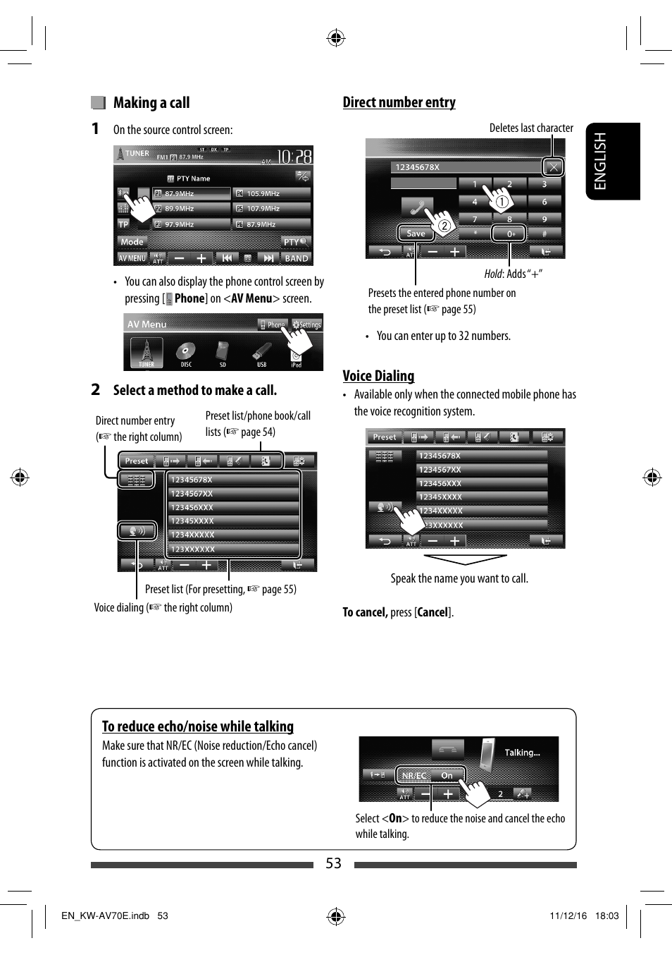 Making a call | JVC KW-AV70BT User Manual | Page 53 / 293