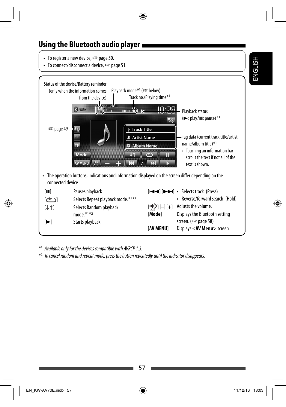 Using the bluetooth audio player, 57 english | JVC KW-AV70BT User Manual | Page 57 / 293