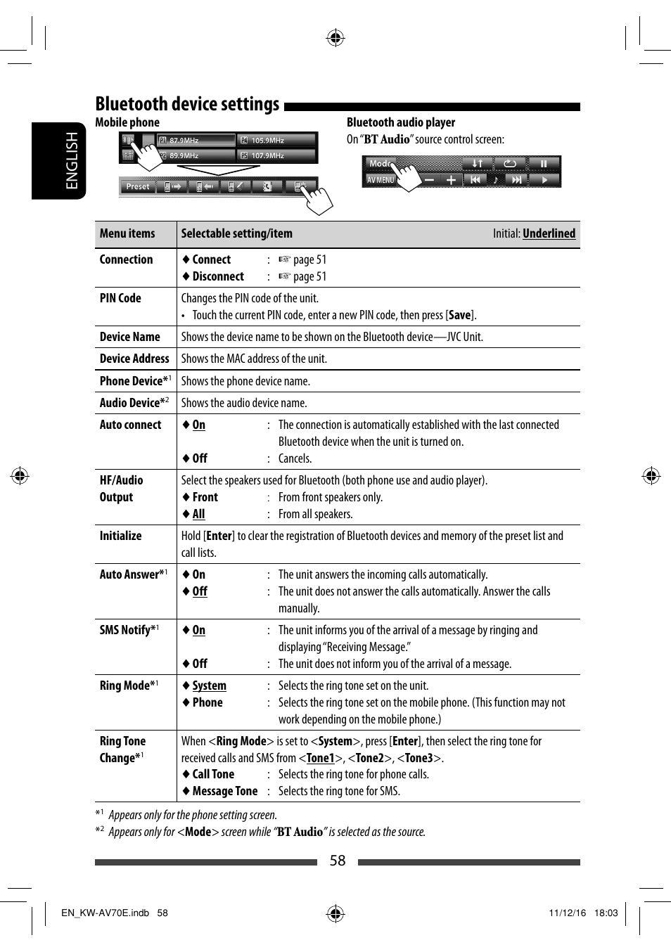 Bluetooth device settings, 58 english | JVC KW-AV70BT User Manual | Page 58 / 293