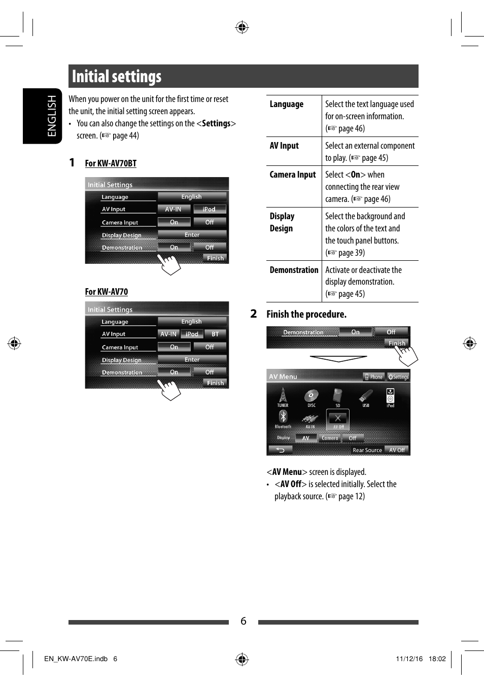 Initial settings | JVC KW-AV70BT User Manual | Page 6 / 293