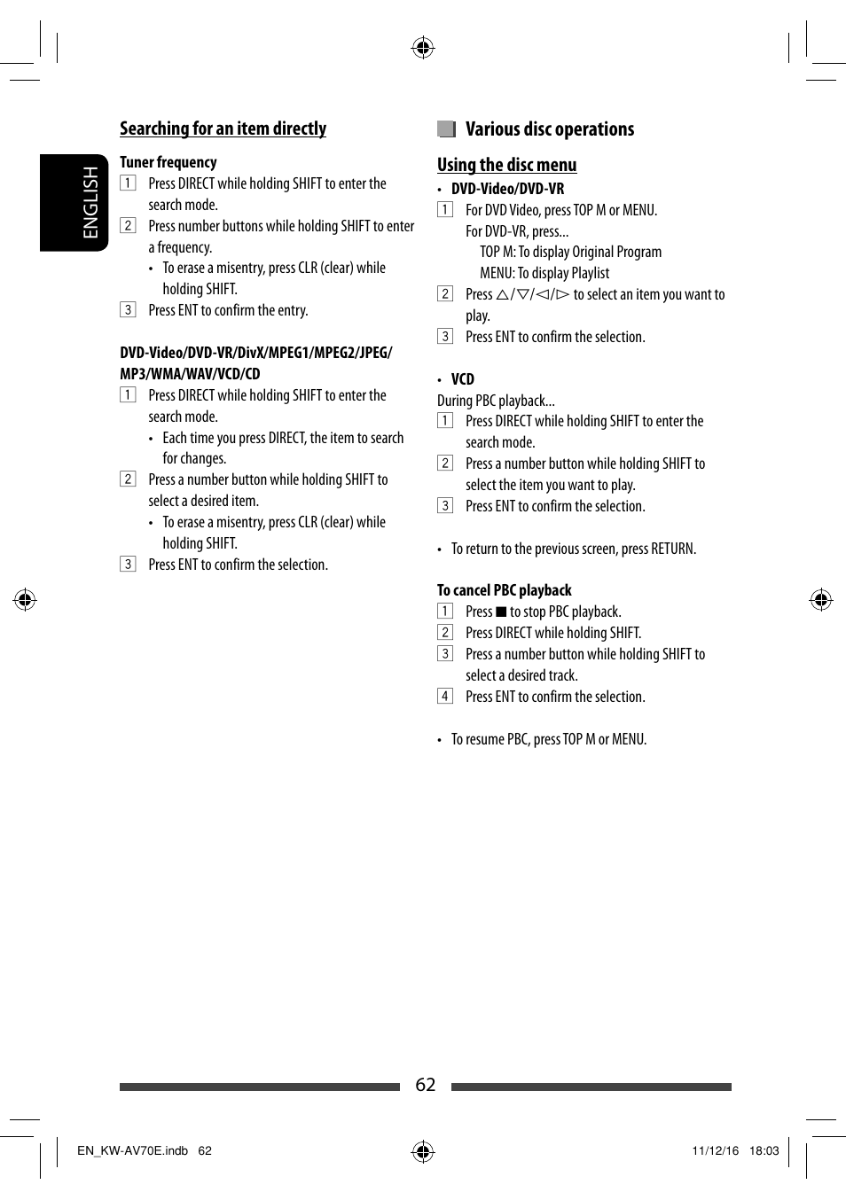 Various disc operations | JVC KW-AV70BT User Manual | Page 62 / 293