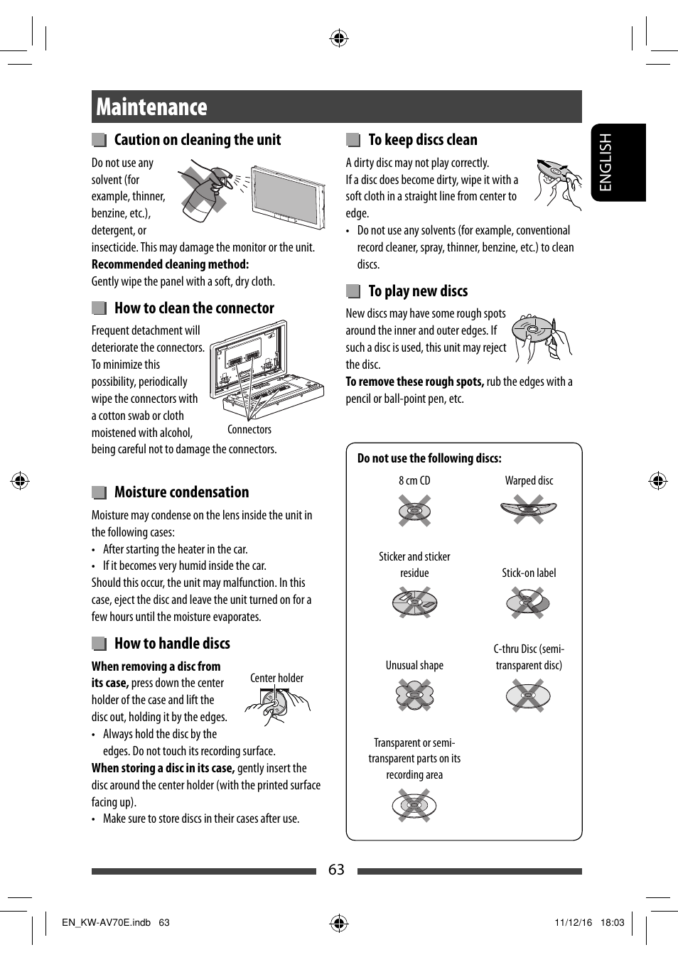 Maintenance, Caution on cleaning the unit, How to clean the connector | Moisture condensation, How to handle discs | JVC KW-AV70BT User Manual | Page 63 / 293