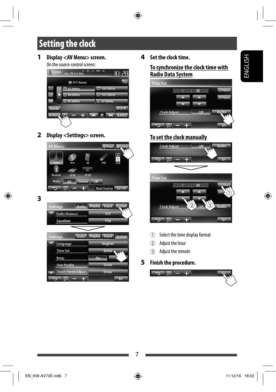 Setting the clock | JVC KW-AV70BT User Manual | Page 7 / 293