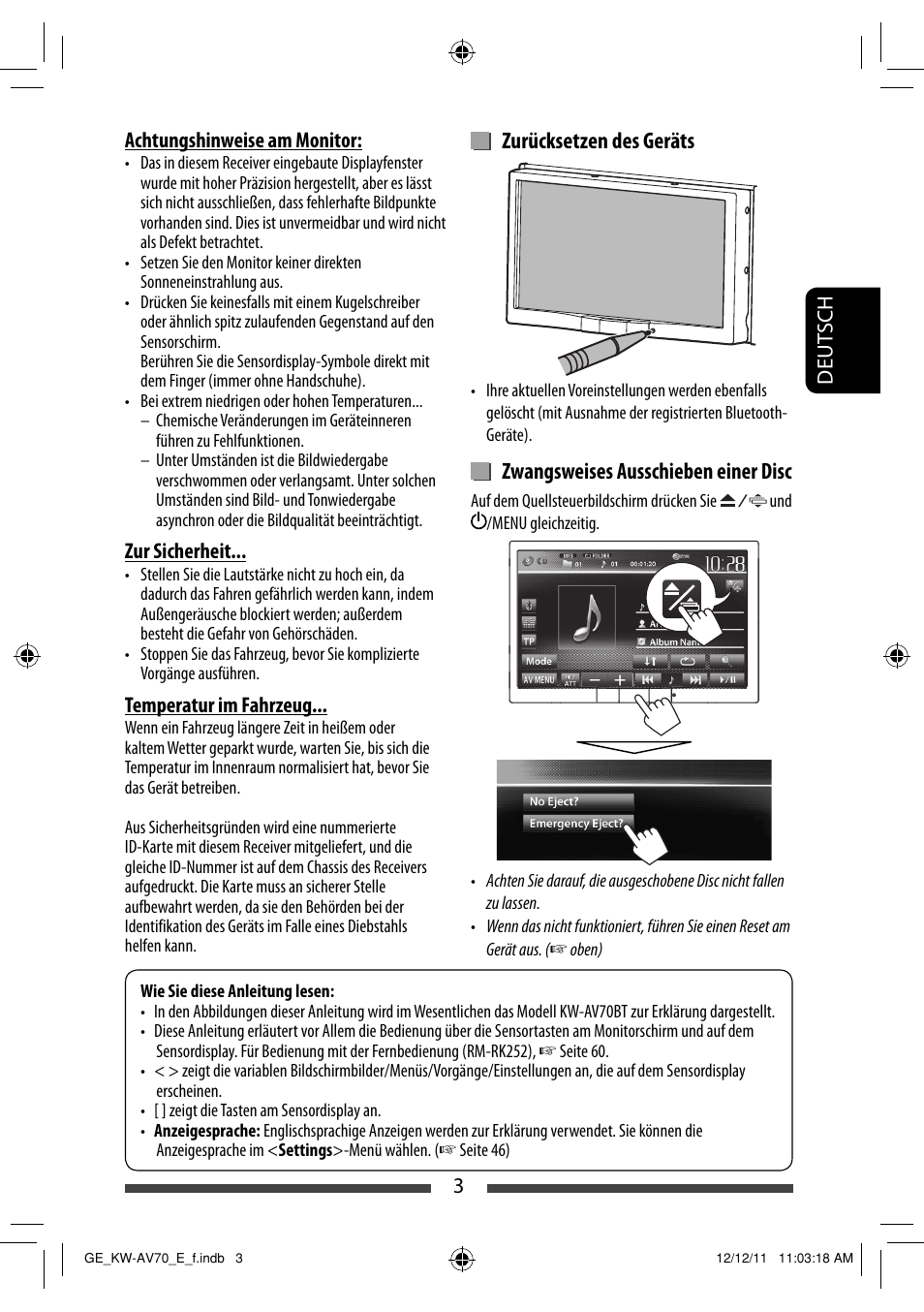 Zurücksetzen des geräts, Zwangsweises ausschieben einer disc | JVC KW-AV70BT User Manual | Page 75 / 293