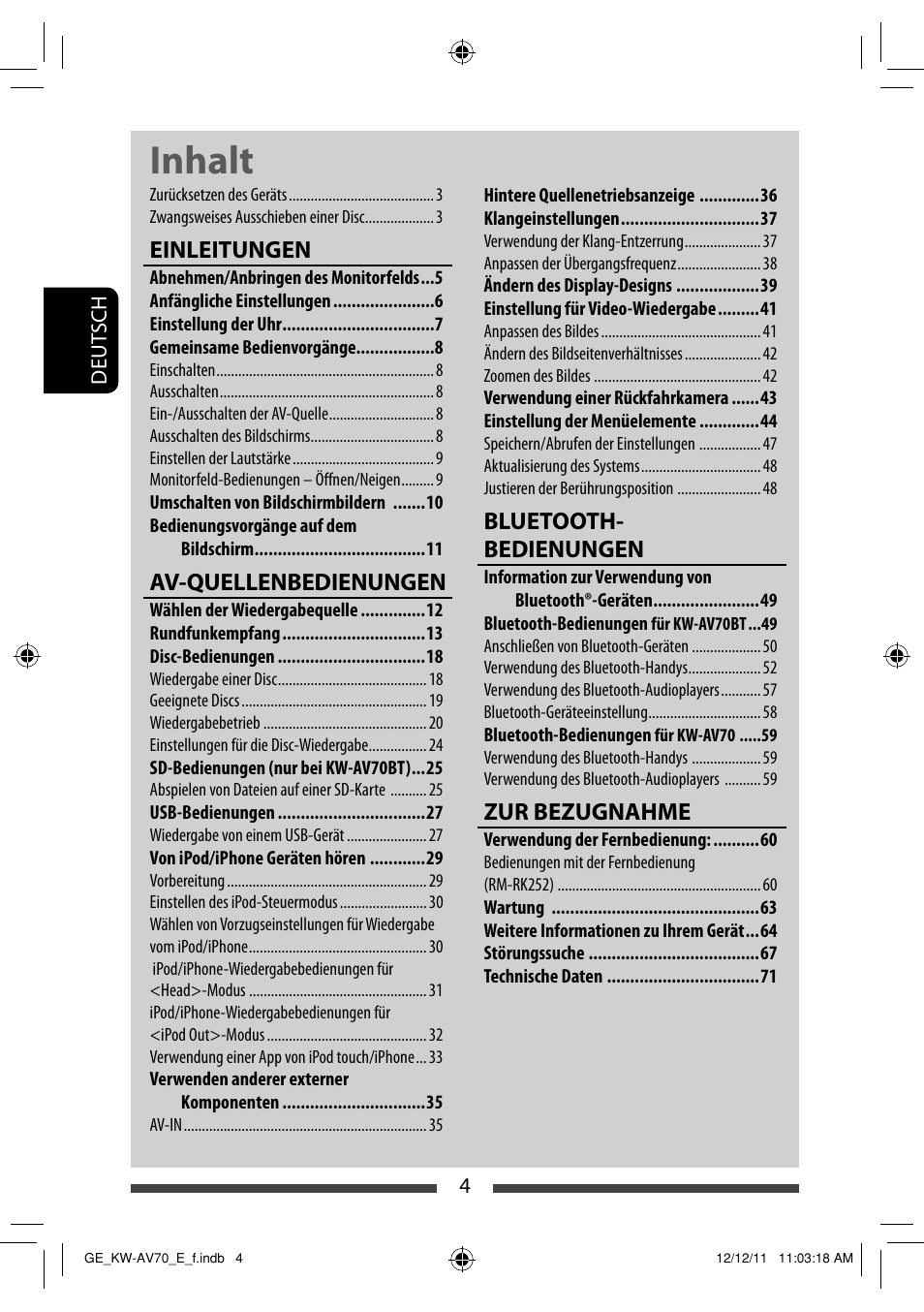 Inhalt, Einleitungen, Av-quellenbedienungen | Bluetooth- bedienungen, Zur bezugnahme | JVC KW-AV70BT User Manual | Page 76 / 293