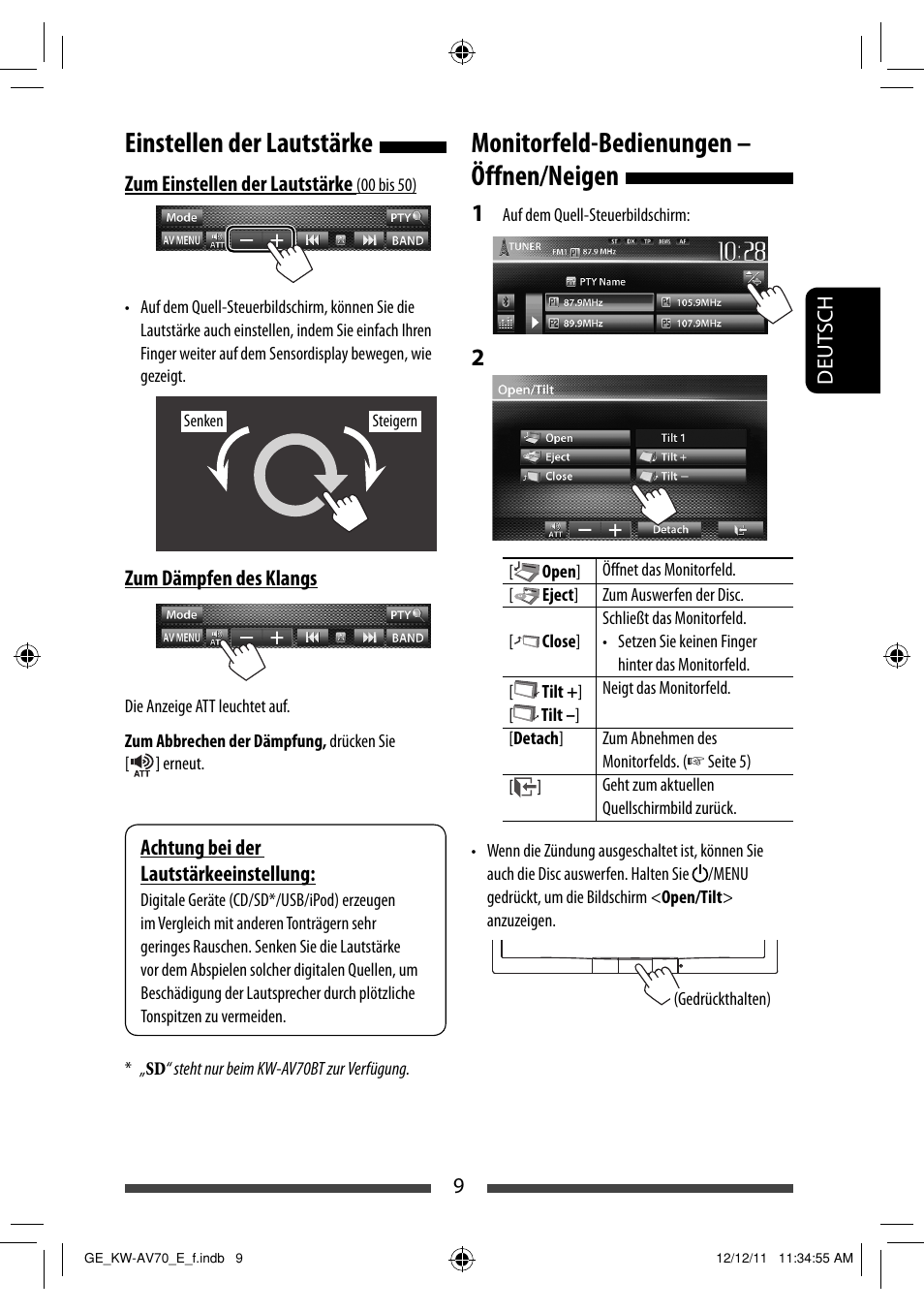 Einstellen der lautstärke, Monitorfeld-bedienungen – öffnen/neigen | JVC KW-AV70BT User Manual | Page 81 / 293