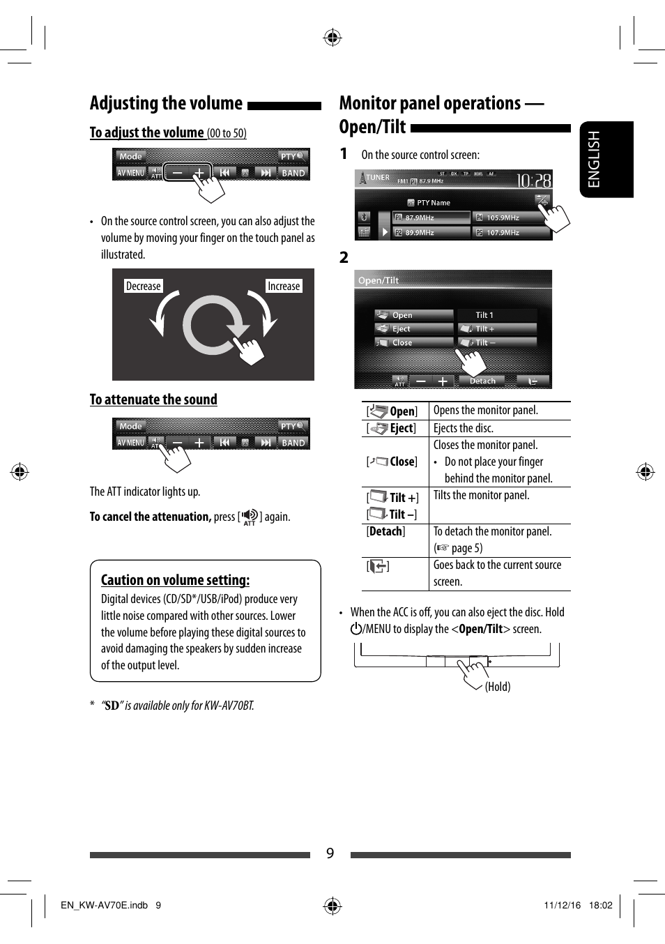 Adjusting the volume, Monitor panel operations — open/tilt | JVC KW-AV70BT User Manual | Page 9 / 293