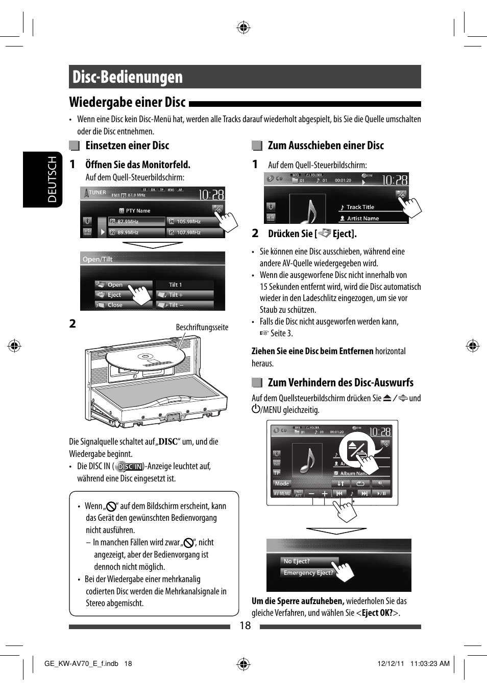 Disc-bedienungen, Wiedergabe einer disc | JVC KW-AV70BT User Manual | Page 90 / 293