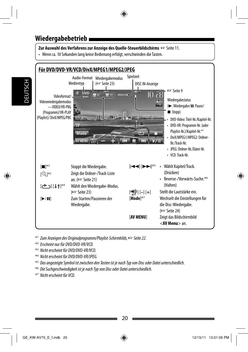 Wiedergabebetrieb, 20 deut sch, Für dvd/dvd-vr/vcd/divx/mpeg1/mpeg2/jpeg | JVC KW-AV70BT User Manual | Page 92 / 293